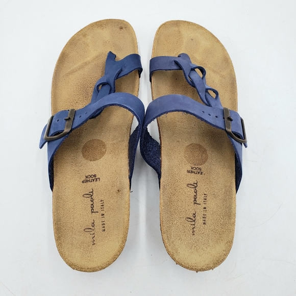 Mila Paoli Women 9.5 Cork Wedge Leather Sandals Blue Toe Wrap Braid Buckle Strap - Picture 8 of 11